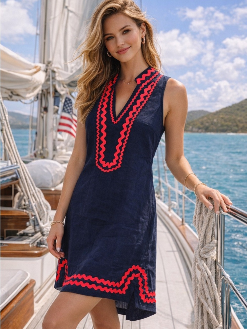 Sail to Sable Navy Linen Dress ❤️ Red Ric Rac Trim | Coastal Preppy Resort Shift